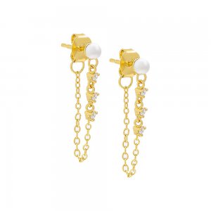 Pearl X CZ Front Back Chain Stud Earring