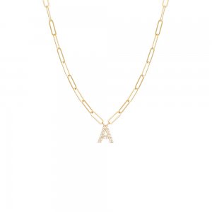 Pave Block Initial Paperclip Necklace