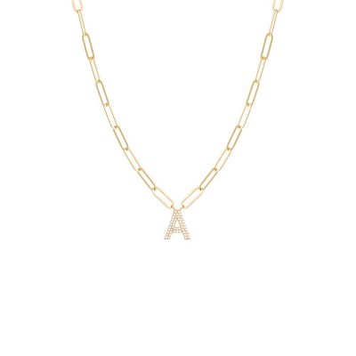 Pave Block Initial Paperclip Necklace