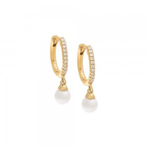 Tiny Dangling Pearl Diamond Huggie Earring 14K