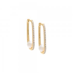 Diamond Oval Pave Pearl Huggie Earring 14K