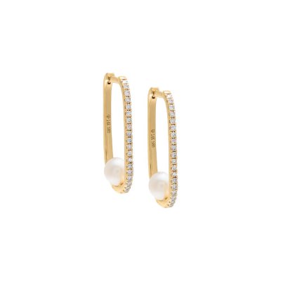 Diamond Oval Pave Pearl Huggie Earring 14K