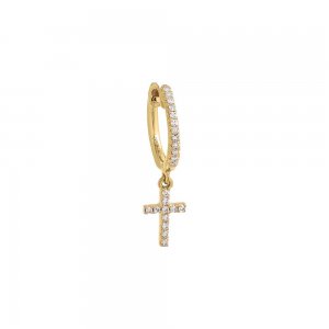 Diamond Pave Dangling Cross Huggie Earring 14K