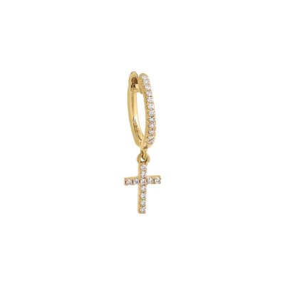 Diamond Pave Dangling Cross Huggie Earring 14K