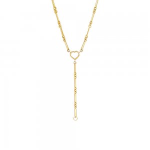 Open Heart Charm Multi Link Lariat Necklace 14K