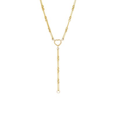 Open Heart Charm Multi Link Lariat Necklace 14K