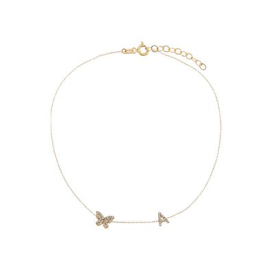 Diamond Pave Butterfly Initial Anklet 14K