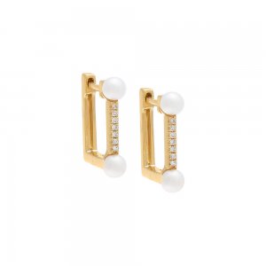 Diamond Square Double Pearl Huggie Earring 14K