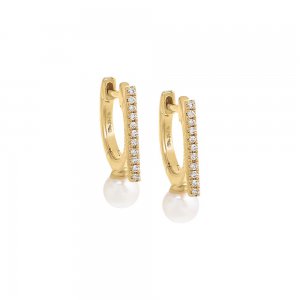 Diamond Pave Bar X Pearl Huggie Earring 14K