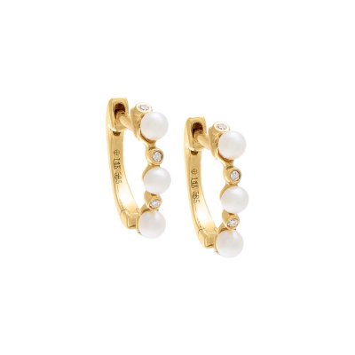 Diamond X Beaded Pearl Huggie Earring 14K