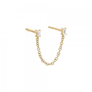 Diamond Double Baguette Chain Stud Earring 14K