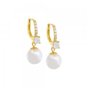 Pave Pearl Dangle Huggie Earring