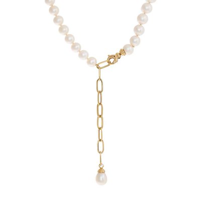 Pearl X Paperclip Chain Lariat Necklace 14K