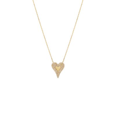 Elongated Diamond Pave \/ Solid Heart Necklace 14K