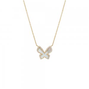 Diamond X Mother Pearl Butterfly Necklace 14K