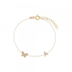 Diamond Pave Butterfly Initial Bracelet 14K