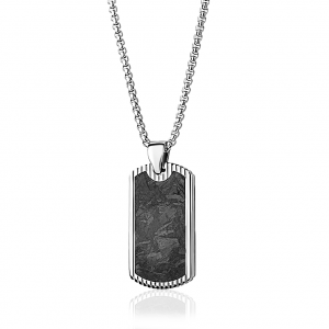 Steel Carbon Fiber Inlay Beaded Edge Dog Tag Necklace