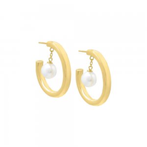 CZ Dangling Pearl Hollow Hoop Earring