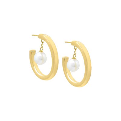 CZ Dangling Pearl Hollow Hoop Earring