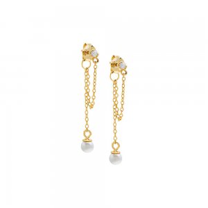 CZ X Pearl Double Chain Front Back Stud Earring