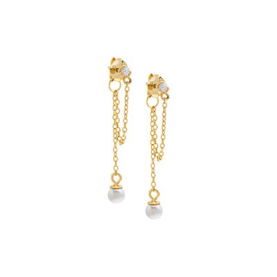 CZ X Pearl Double Chain Front Back Stud Earring