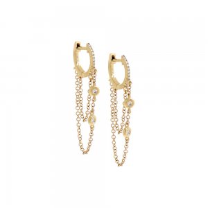 Diamond Double Bezel Drop Chain Huggie Earring 14K