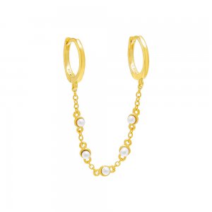 Tiny Double Pearl Chain Huggie Earring