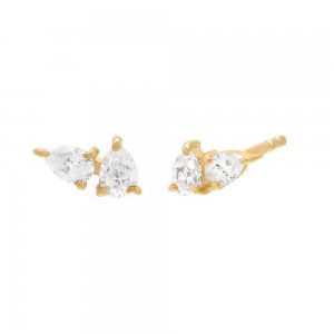 Double Diamond Teardrop Cluster Stud Earring 14K