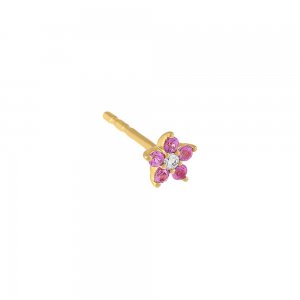 Diamond X Colored Gemstone Flower Stud Earring 14K