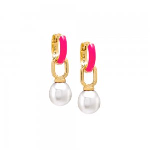 Colored Enamel Dangling Pearl Huggie Earring