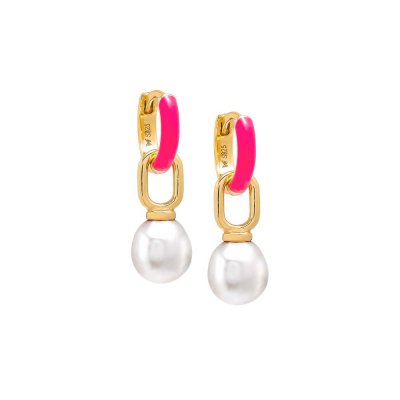 Colored Enamel Dangling Pearl Huggie Earring