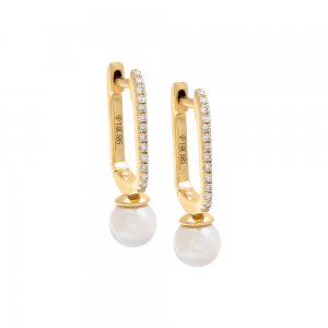 Diamond Square Pave Pearl Huggie Earring 14K