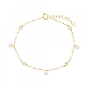 CZ Bezel X Dangling Pearl Bracelet