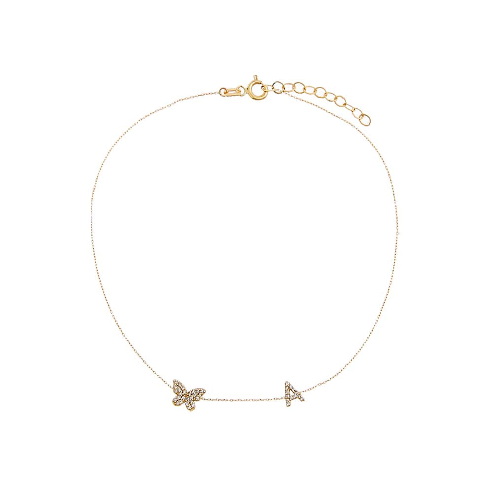 Diamond Pave Butterfly Initial Anklet 14K