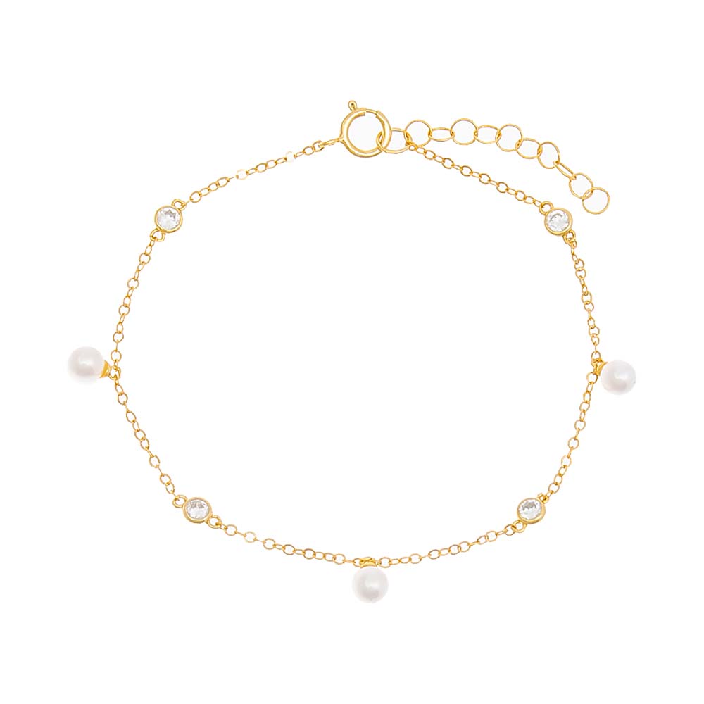 CZ Bezel X Dangling Pearl Bracelet