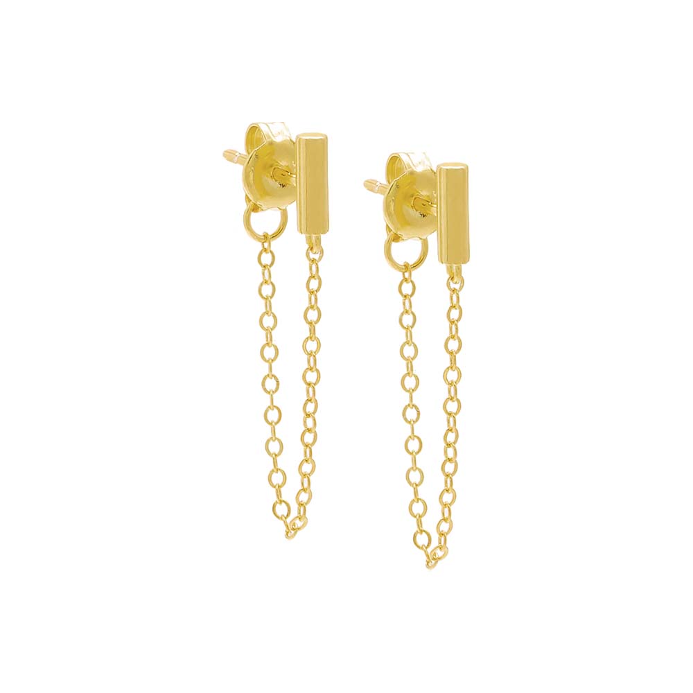 Tiny Solid Bar Front Back Chain Stud Earring