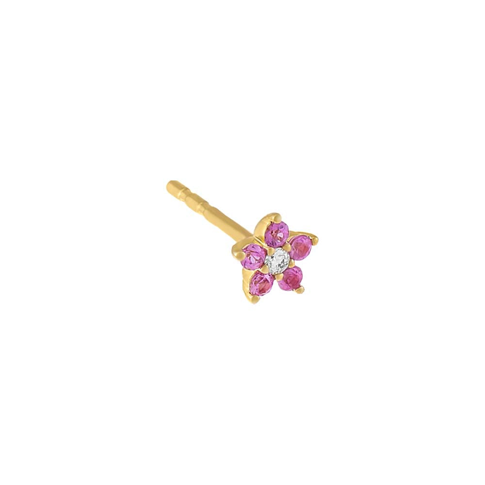 Diamond X Colored Gemstone Flower Stud Earring 14K
