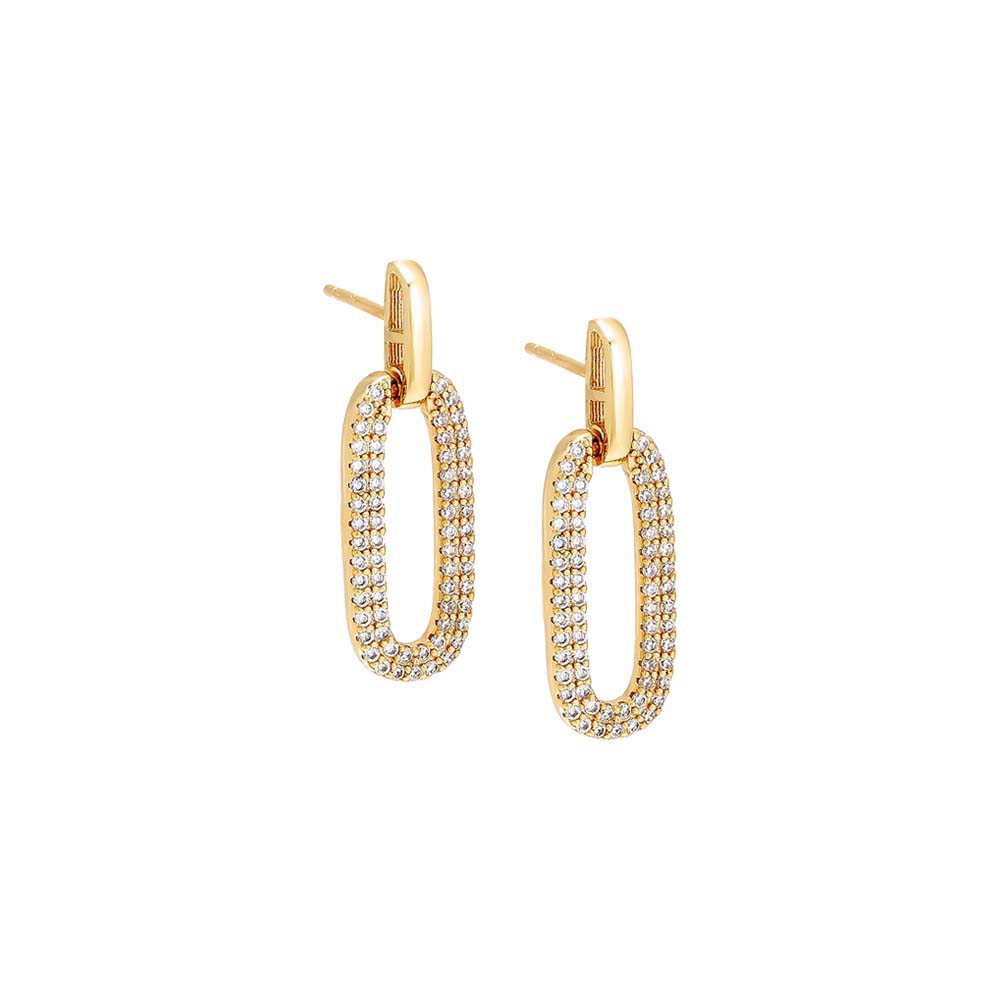 Solid\/Pave Elongated Open Link Drop Stud Earring