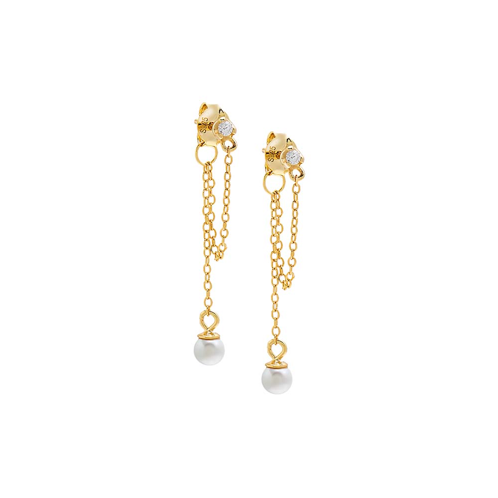 CZ X Pearl Double Chain Front Back Stud Earring
