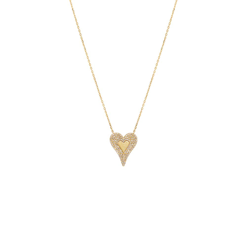 Elongated Diamond Pave \/ Solid Heart Necklace 14K