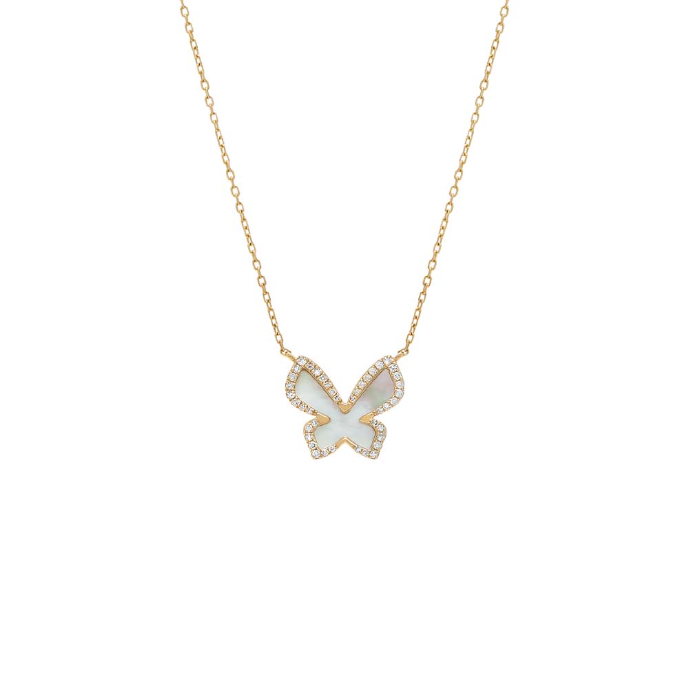 Diamond X Mother Pearl Butterfly Necklace 14K
